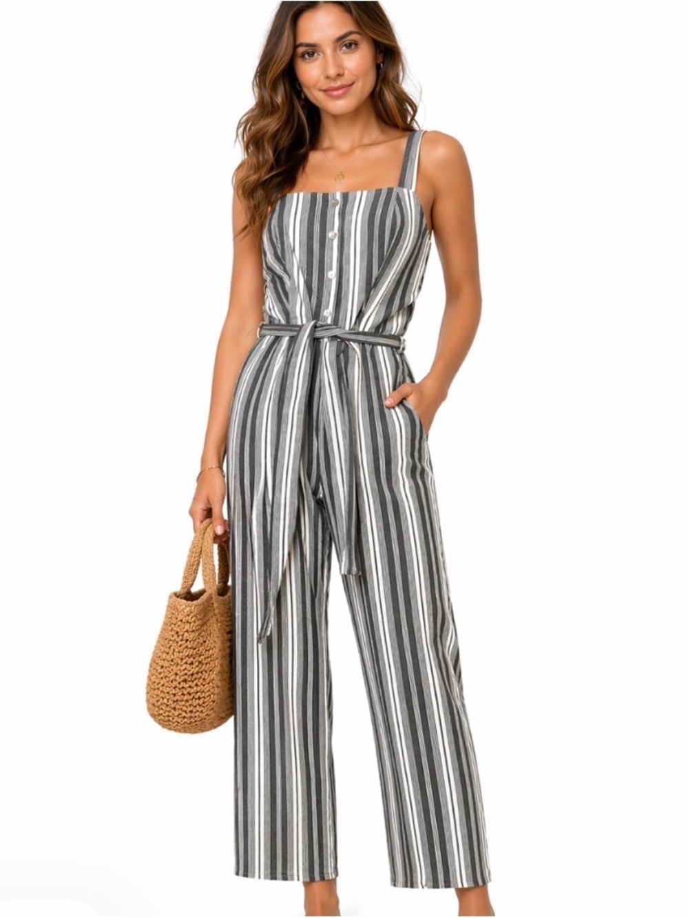 Savanna Jane jumpsuit blue white 100% cotton belted wide leg romper SZ LG